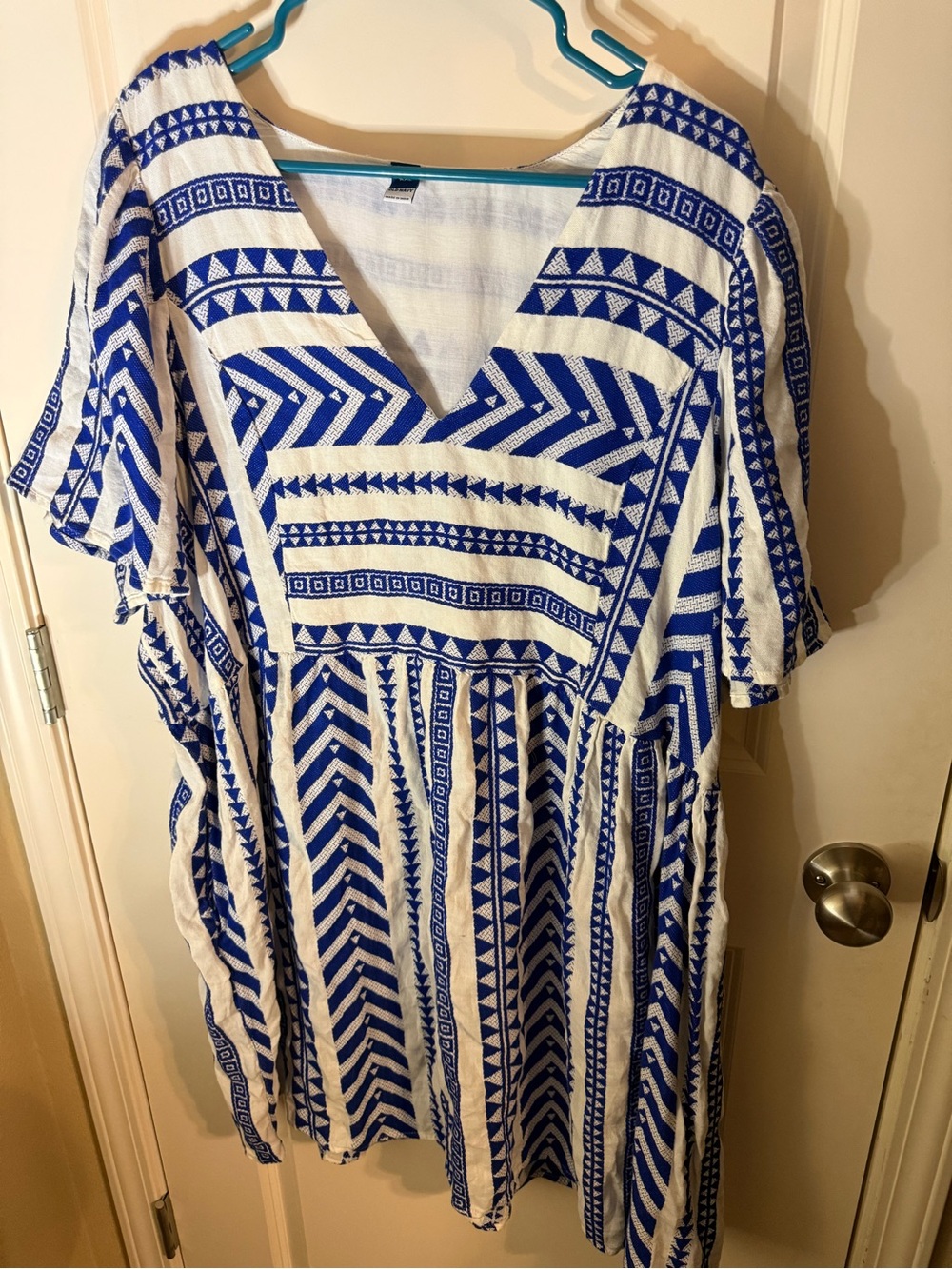 Old Navy XXL Blue White Geometric Print Boho Dress Flutter Sleeve